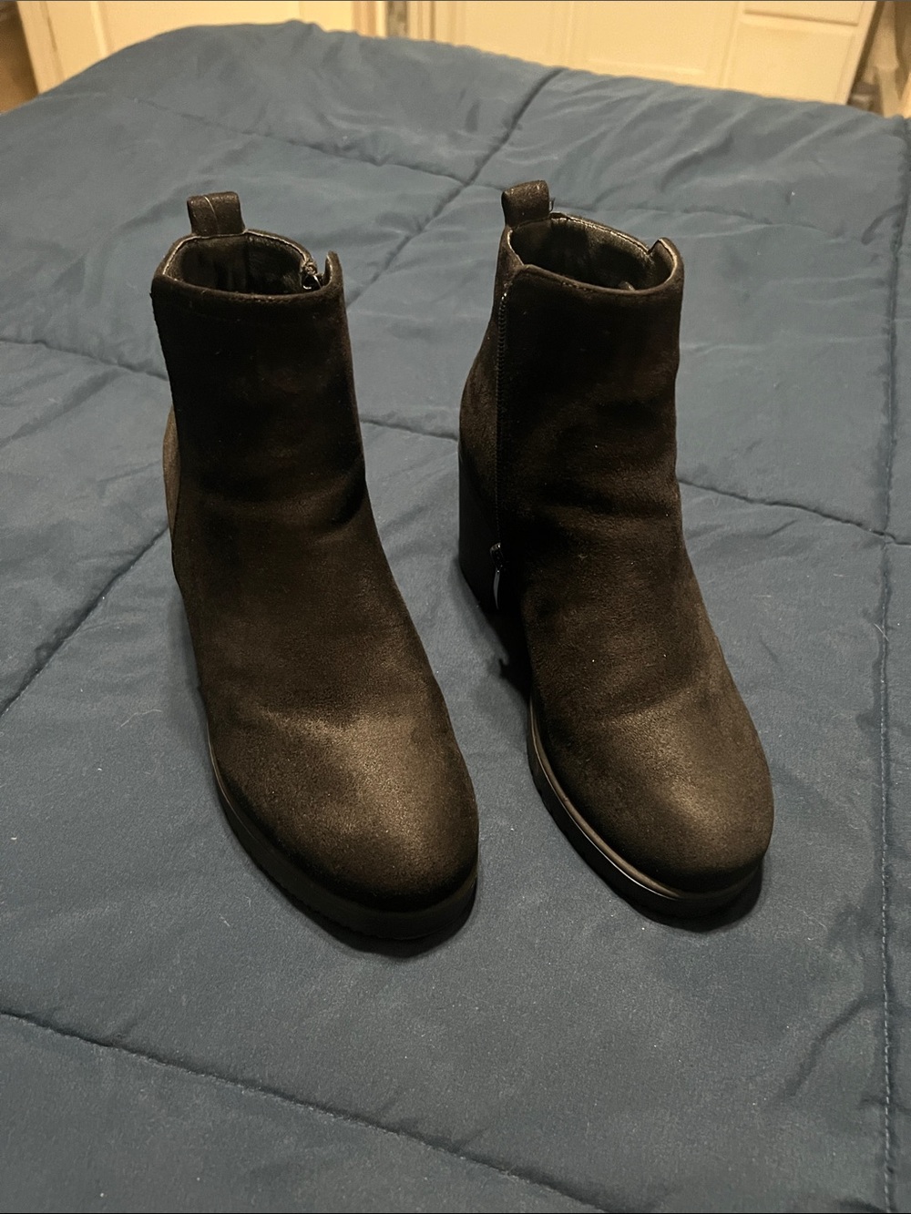 Black Suede Ankle Booties with Low Block Heel